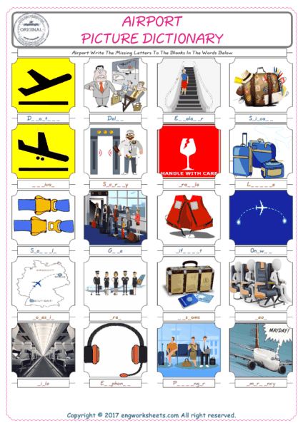  Airport Words English worksheets For kids, the ESL Worksheet for finding and typing the missing letters of Airport Words 